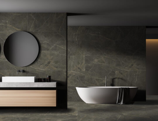 Modern bathroom interior with double sink and white bathtub in eco minimalist style with brown wooden parquet floor. And two round mirrors. No people. 3D Rendering